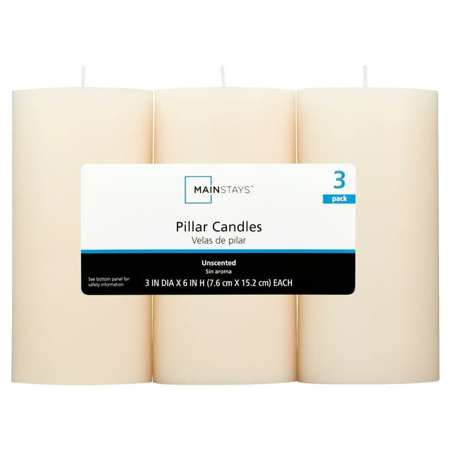 Mainstays Unscented Pillar Candles, 3 x 6 in, Ivory, 3 Count