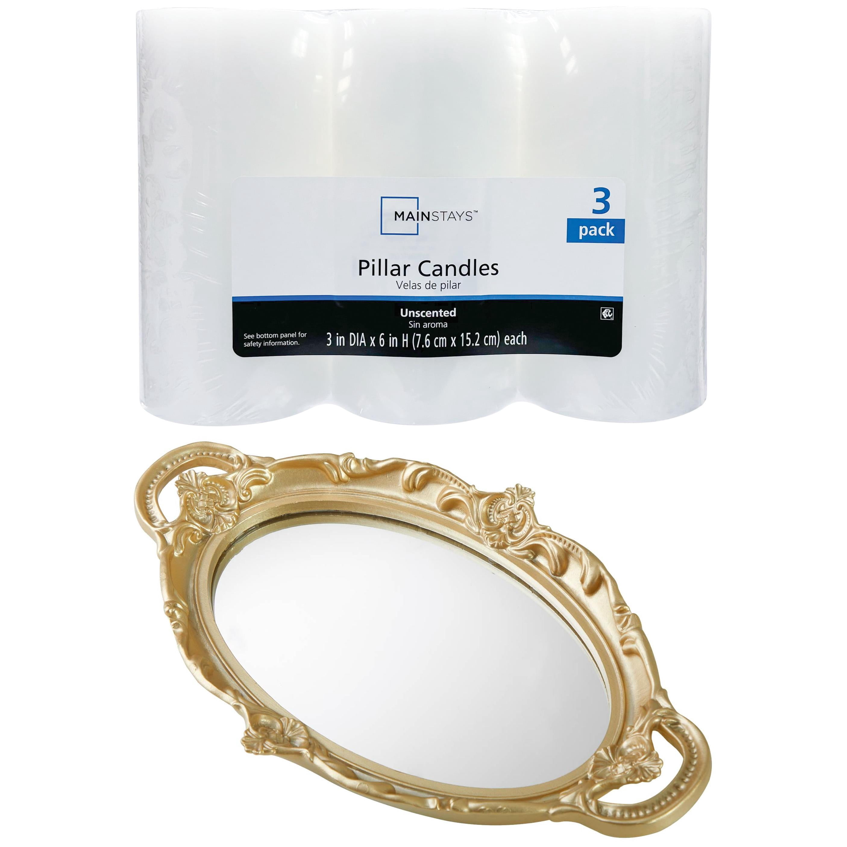 Mainstays Unscented Pillar Candles with Beautiful by Drew Barrymore Gold Mirrored Tray Home Decor Bundle