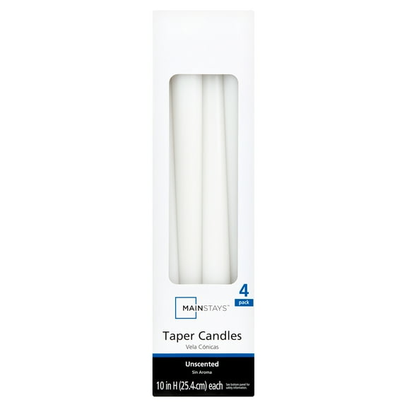 Mainstays Unscented Taper Candle, White, 4-Pack, 10 inches Long