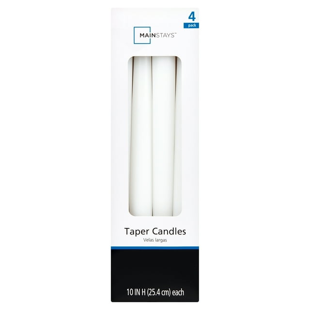 Mainstays Unscented Taper Candle, White, 4-Pack, 10 inches Long
