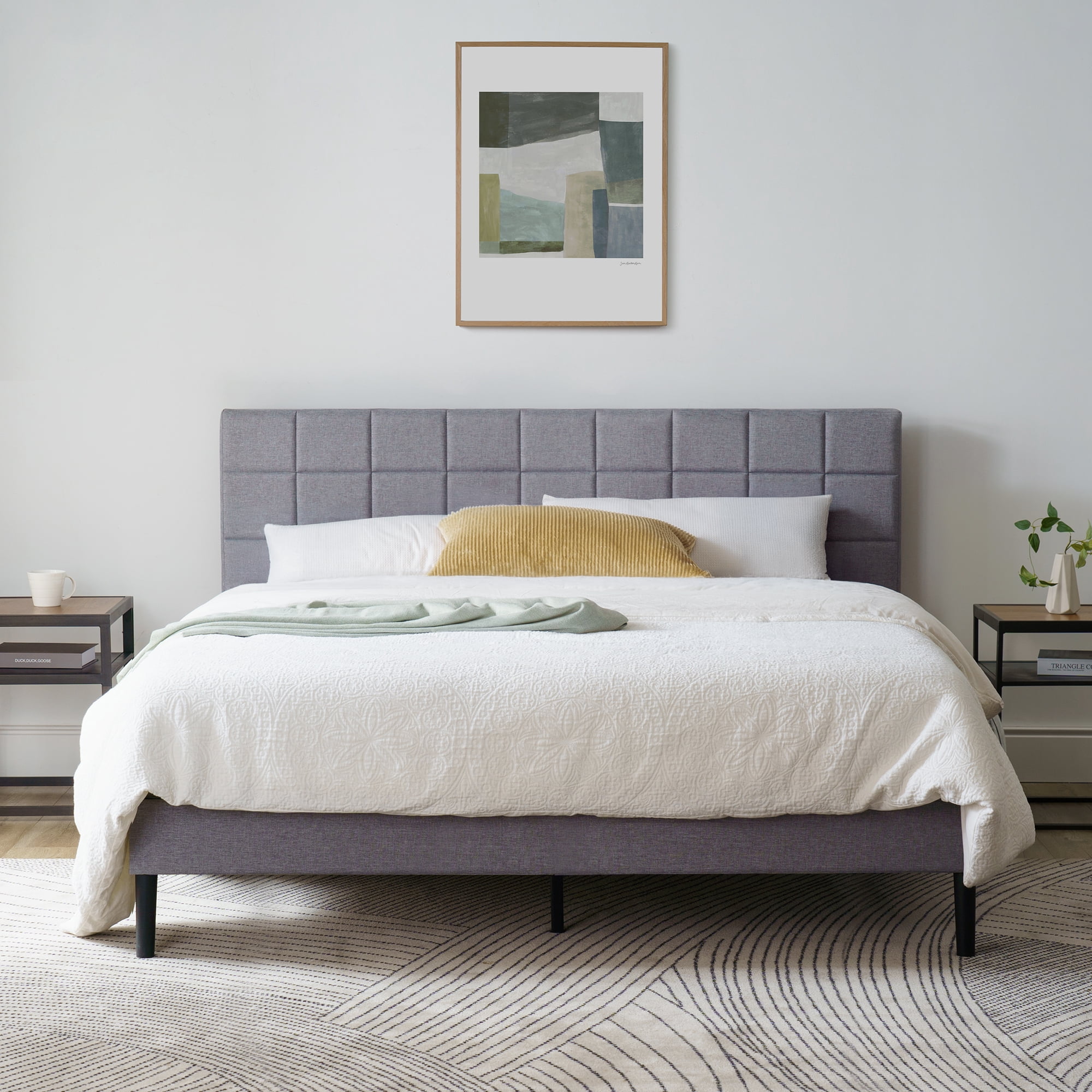 Mainstays Gray Upholstered Square Tufted Platform Bed, King, No Box Spring Needed