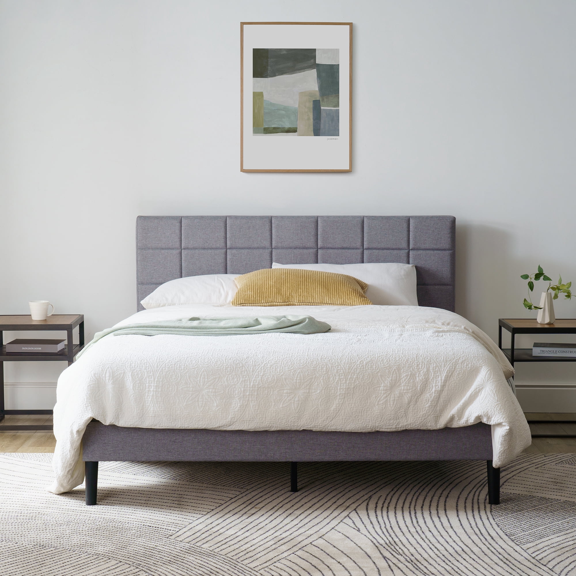 Mainstays Gray Upholstered Square Tufted Platform Bed, Queen, No Box Spring Needed