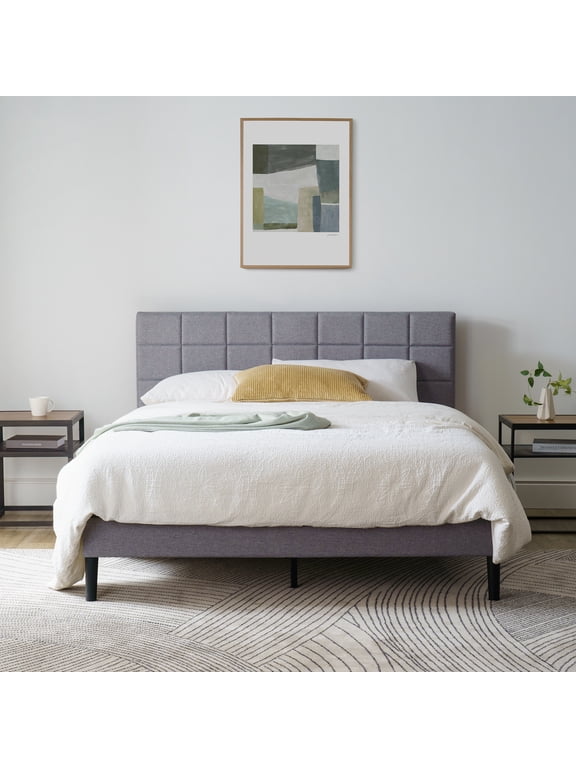 Gray Upholstered Square Tufted Platform Bed, Queen, No Box Spring Needed