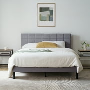 Mainstays Gray Upholstered Square Tufted Platform Bed, No Box Spring Needed, Queen
