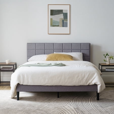MAINSTAYS GRAY UPHOLSTERED SQUARE TUFTED PLATFORM BED, NO BOX SPRING NEEDED, QUEEN
