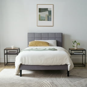 Mainstays Gray Upholstered Square Tufted Platform Bed, Twin, No Box Spring Needed