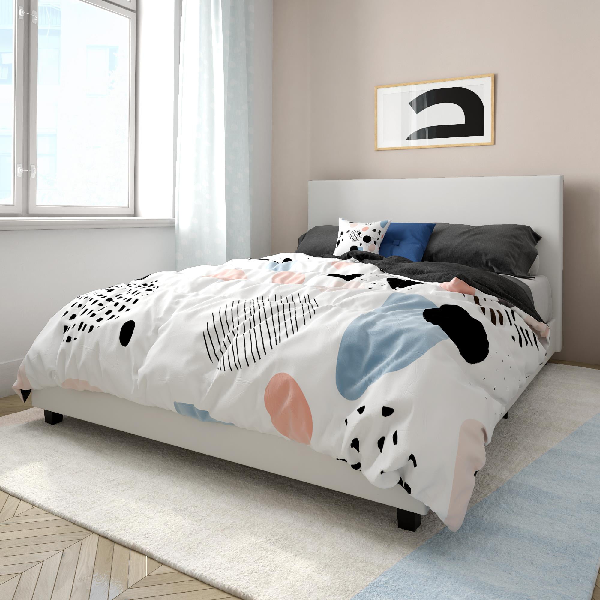 Mainstays Upholstered Platform Bed, Queen Frame, White Faux Leather