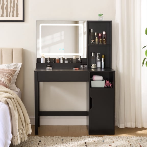 Mainstays Vanity Table with Lighted Mirror and Storage, Black Finish