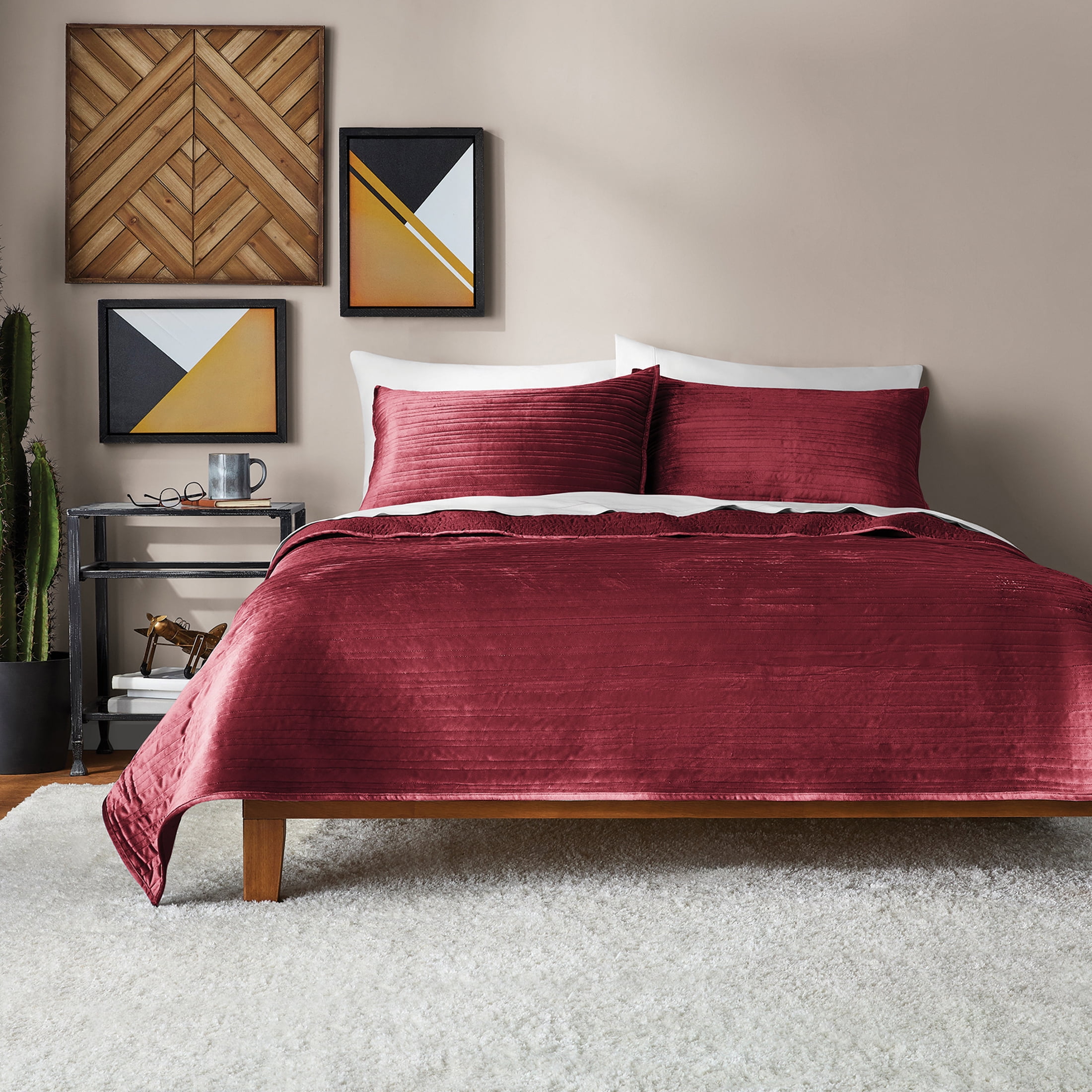 Mainstays Soft Velvet Quilt, Full/Queen, Luscious Merlot Red, Soft