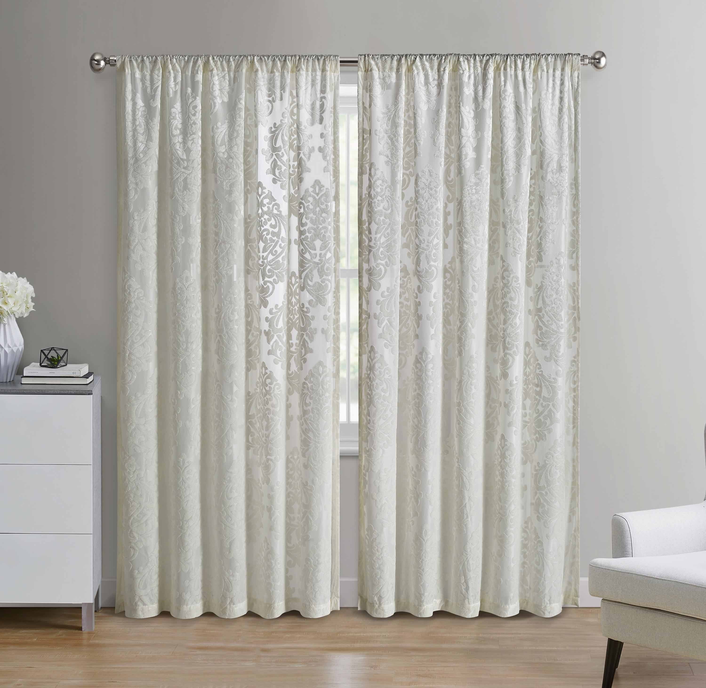 Mainstays Velvet Sheer Damask Burnout Single Curtain Panel, 54" x 84", Ivory