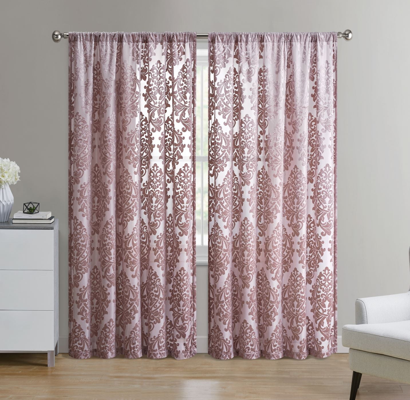 Mainstays Velvet Sheer Damask Burnout Single Curtain Panel