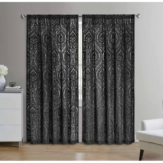 Mainstays Velvet Sheer Ogee Burnout Rod Pocket Single Curtain Panel, 54" x 84", Black