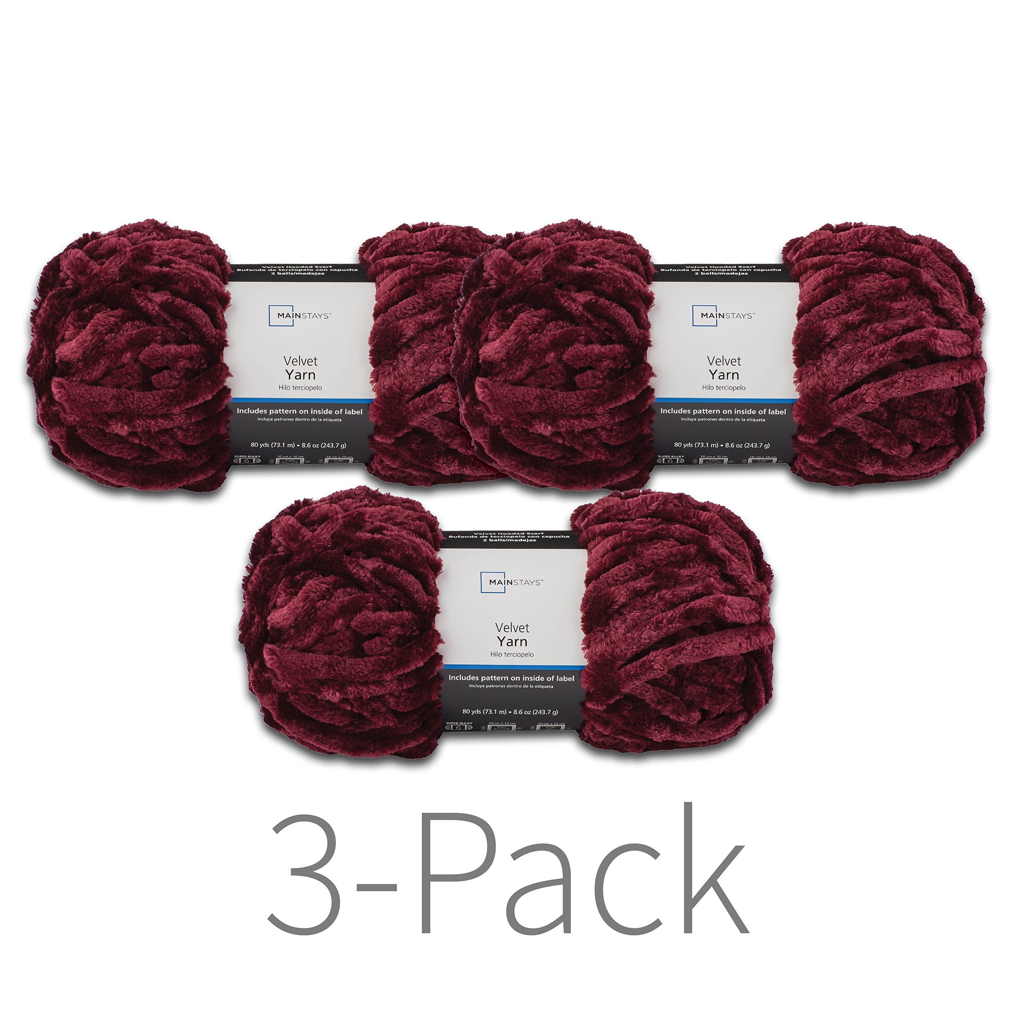Mainstays Velvet Yarn, 80 yd, Metropolis Burgundy, 100% Polyester