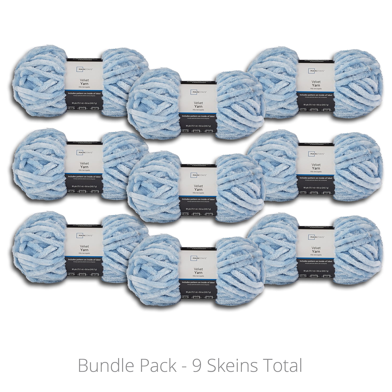 Mainstays Velvet Yarn Value Bundle, 100% Polyester, 80 yd, Blue Shell, Super Bulky, Pack of 9