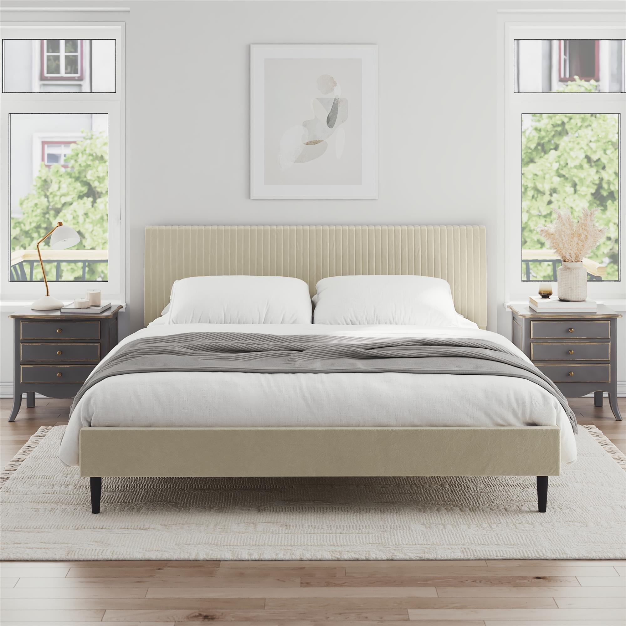 Mainstays Vera Upholstered Platform Bed, King, Cream Velvet