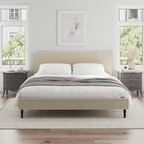 Mainstays Vera Upholstered Velvet Platform Bed, No Box Spring Required, King, Cream