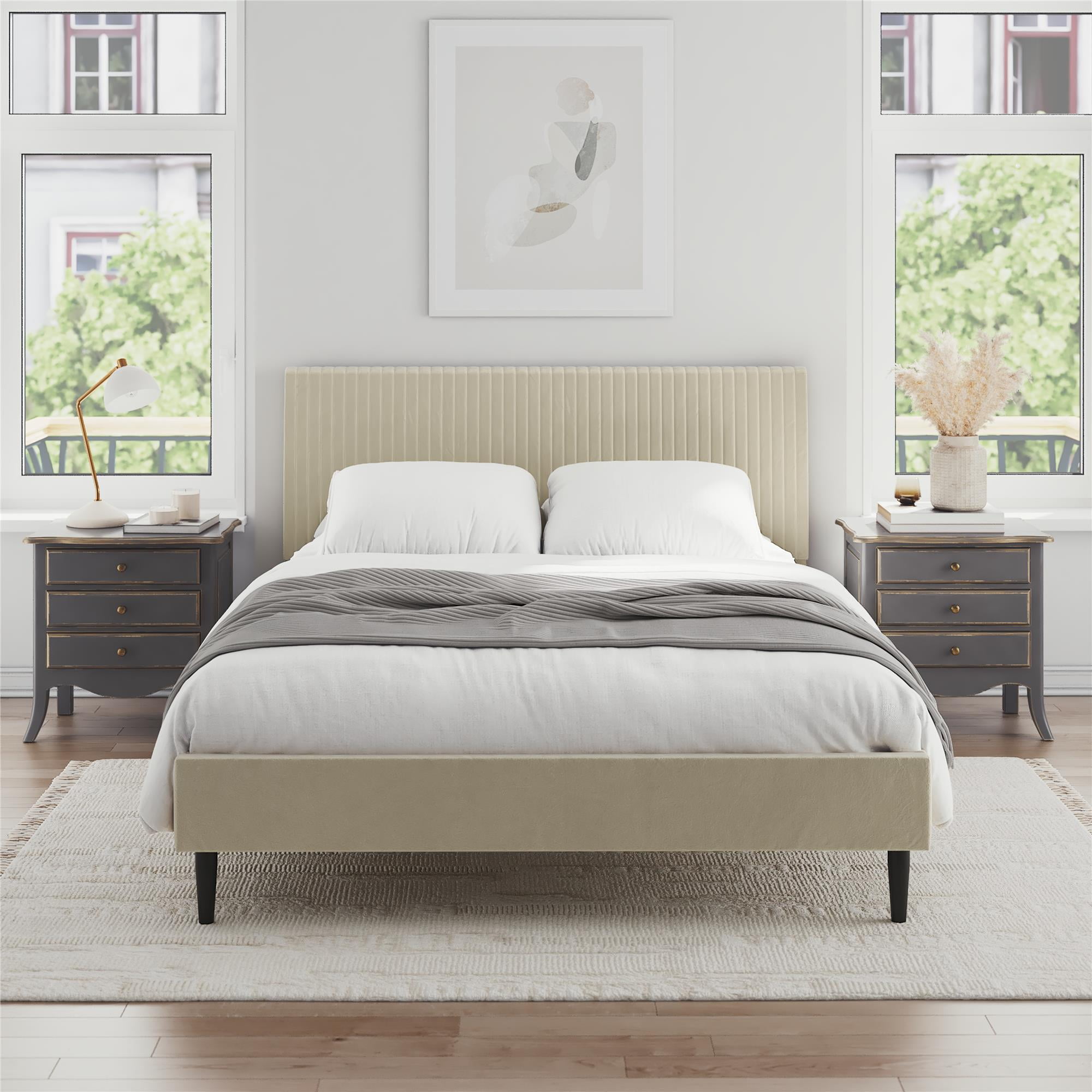 Mainstays Vera Upholstered Platform Bed, Queen, Cream Velvet