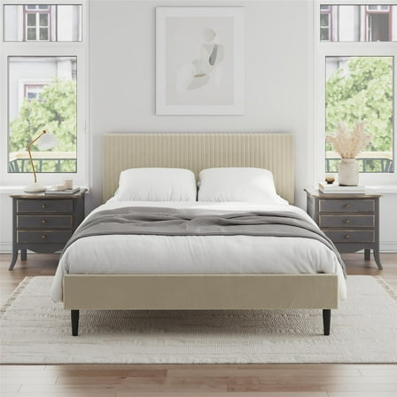 Mainstays Vera Upholstered Velvet Platform Bed, No Box Spring Required, Queen, Cream
