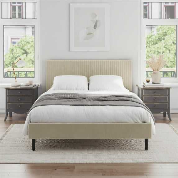 Mainstays Vera Upholstered Velvet Platform Bed, No Box Spring Required, Queen, Cream