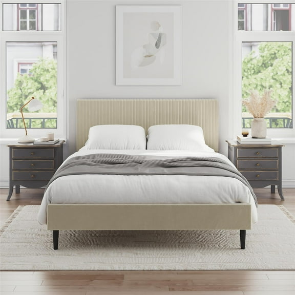 Mainstays Vera Upholstered Velvet Platform Bed, No Box Spring Required, Queen, Cream