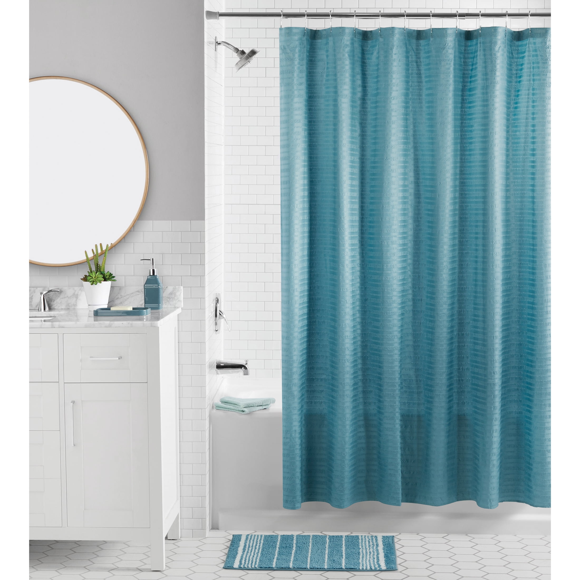 Mainstays 16-Piece Blue Textured Solid Shower Curtain Bathroom Set – Fabric Curtain with Rug, Hooks, Soap Pump & Tray