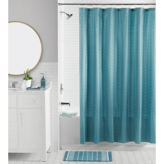 Mainstays 16-Piece Blue Textured Solid Shower Curtain Bathroom Set – Fabric Curtain with Rug, Hooks, Soap Pump & Tray