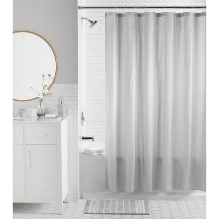 Mainstays 16-Piece Bathroom Shower Curtain Set – Soft Silver Fabric Curtain with Coordinated Bath Rug, Soap Pump & Tray