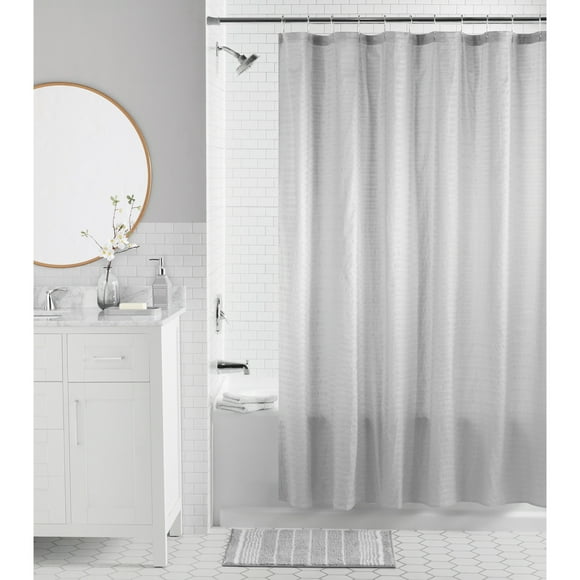 Mainstays 16-Piece Bathroom Shower Curtain Set – Soft Silver Fabric Curtain with Coordinated Bath Rug, Soap Pump & Tray