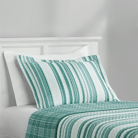 Mainstays Green Vertical Stripe Quilt Sham, Reversible, Standard/Queen, 1 pack, Adult/Teen