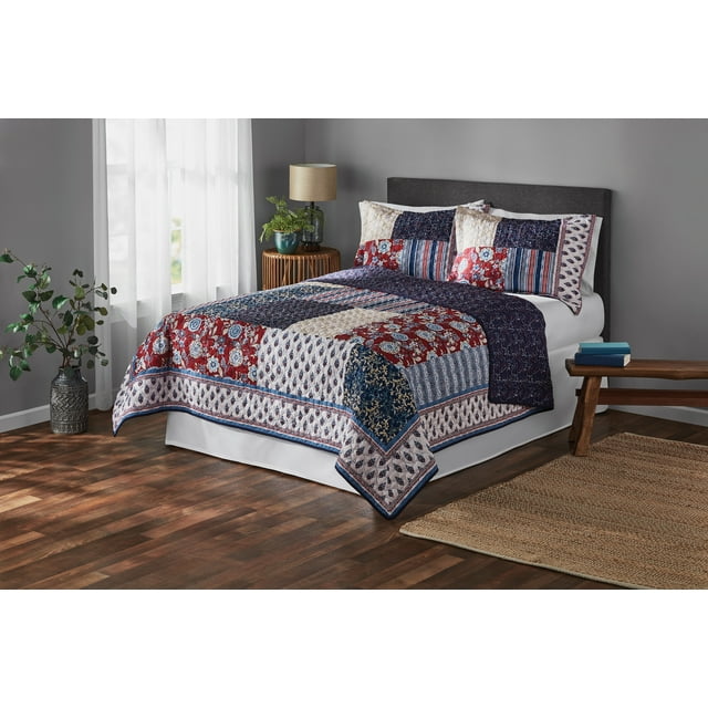 Mainstays Vintage Americana Patchwork Reversible Quilt Set, Full/Queen