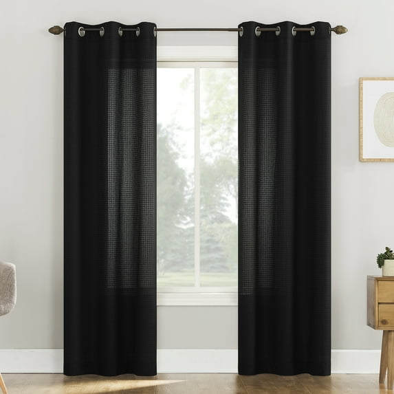 Mainstays Waffle Texture Semi-Sheer Curtain Panel Pair, Set of 2, Black, 38"W x 84"L