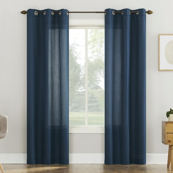 Mainstays Waffle Texture Semi-Sheer Curtain Panel Pair, Set of 2, Blue, 38"W x 96"L