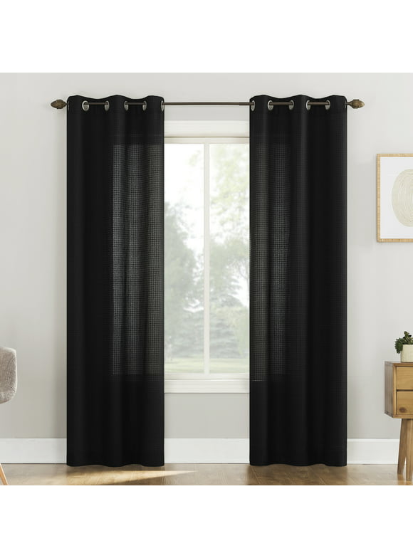 Mainstays Waffle Casual Textured Semi-Sheer Grommet Curtain Panel Pair, 38"x96", Black
