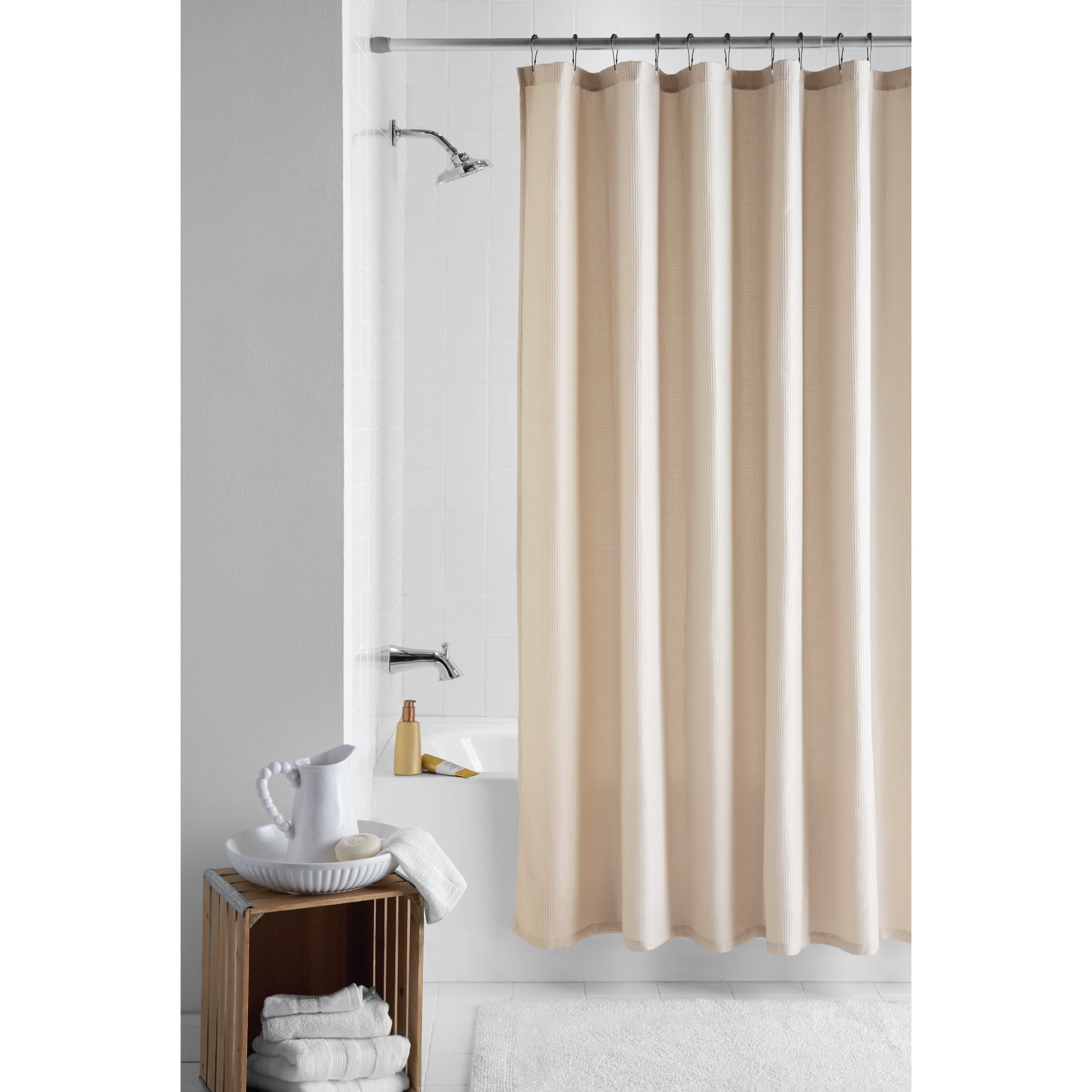 Mainstays Waffle Weave Fabric Shower Curtain, Solid, Ivory, 70" x 72