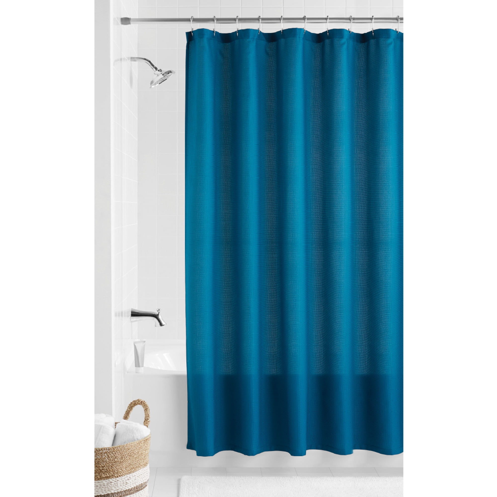Mainstays Waffle Weave Fabric Shower Curtain, Solid, Teal, 70" x 72"