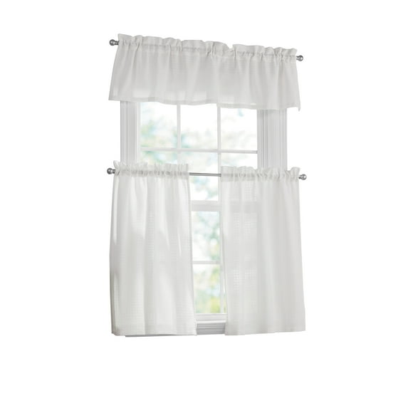 Mainstays Waffle Weave Tiers and Valance, Set of 3, Arctic White, 56" W x 36" L