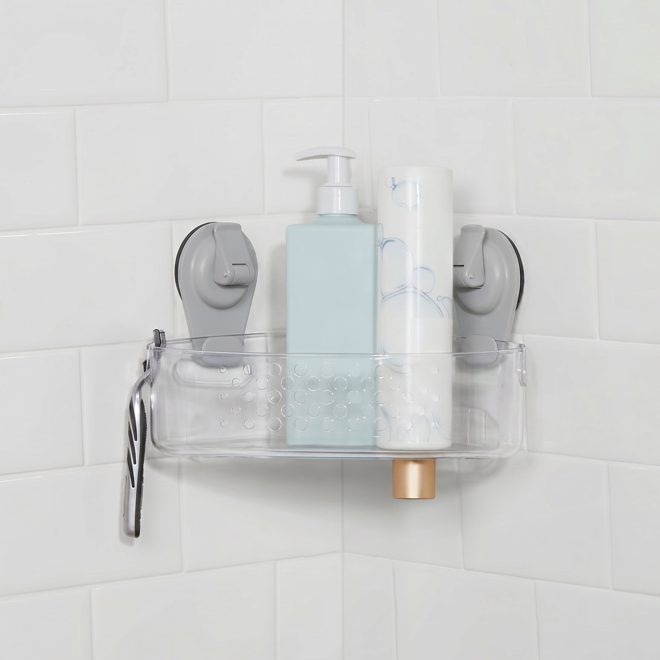 Mainstays Wall-Mounted Corner Suction Bath Basket, Easy to Install Shower Caddy, No Tools, Clear