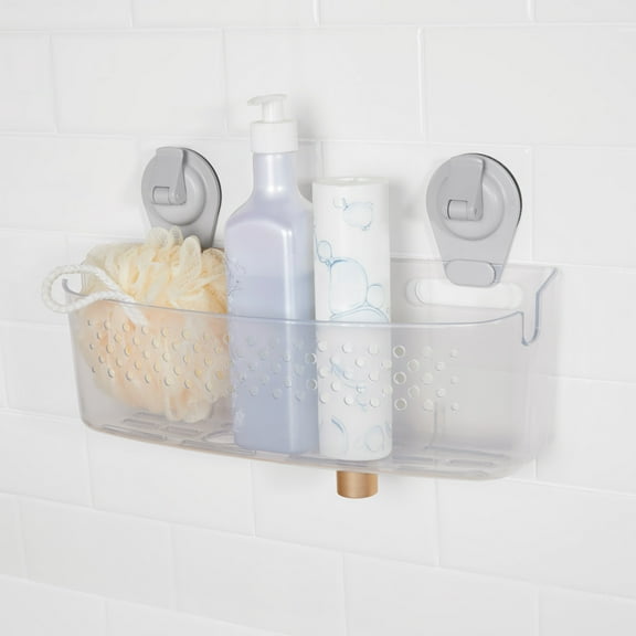 Mainstays Clear Wall-Mounted Extra-Large Suction Bath Basket, Easy to Install, No Tools