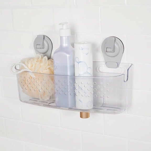 Mainstays Wall-Mounted Extra-Large Suction Bath Basket, Easy to Install Shower Organizer, Clear
