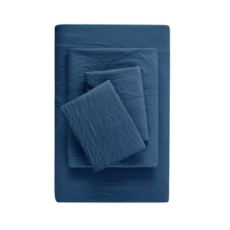 Mainstays Washed Ultra Soft Microfiber Bed Sheet Set, Queen, Washed Indigo, 4 Piece