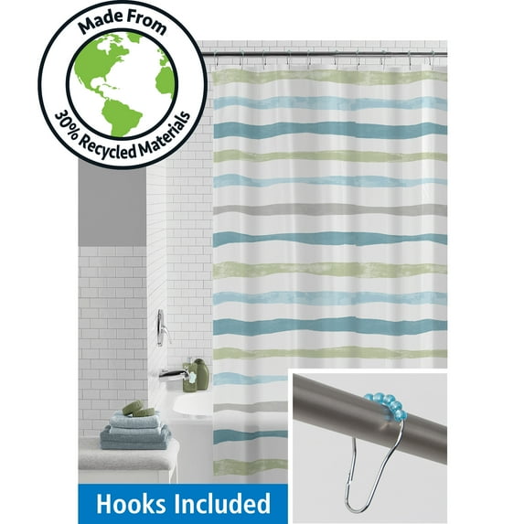 Mainstays Waterproof 30% Recycled PEVA Watercolor Stripe Shower Curtain Set & Hooks, 13-Piece, Blue