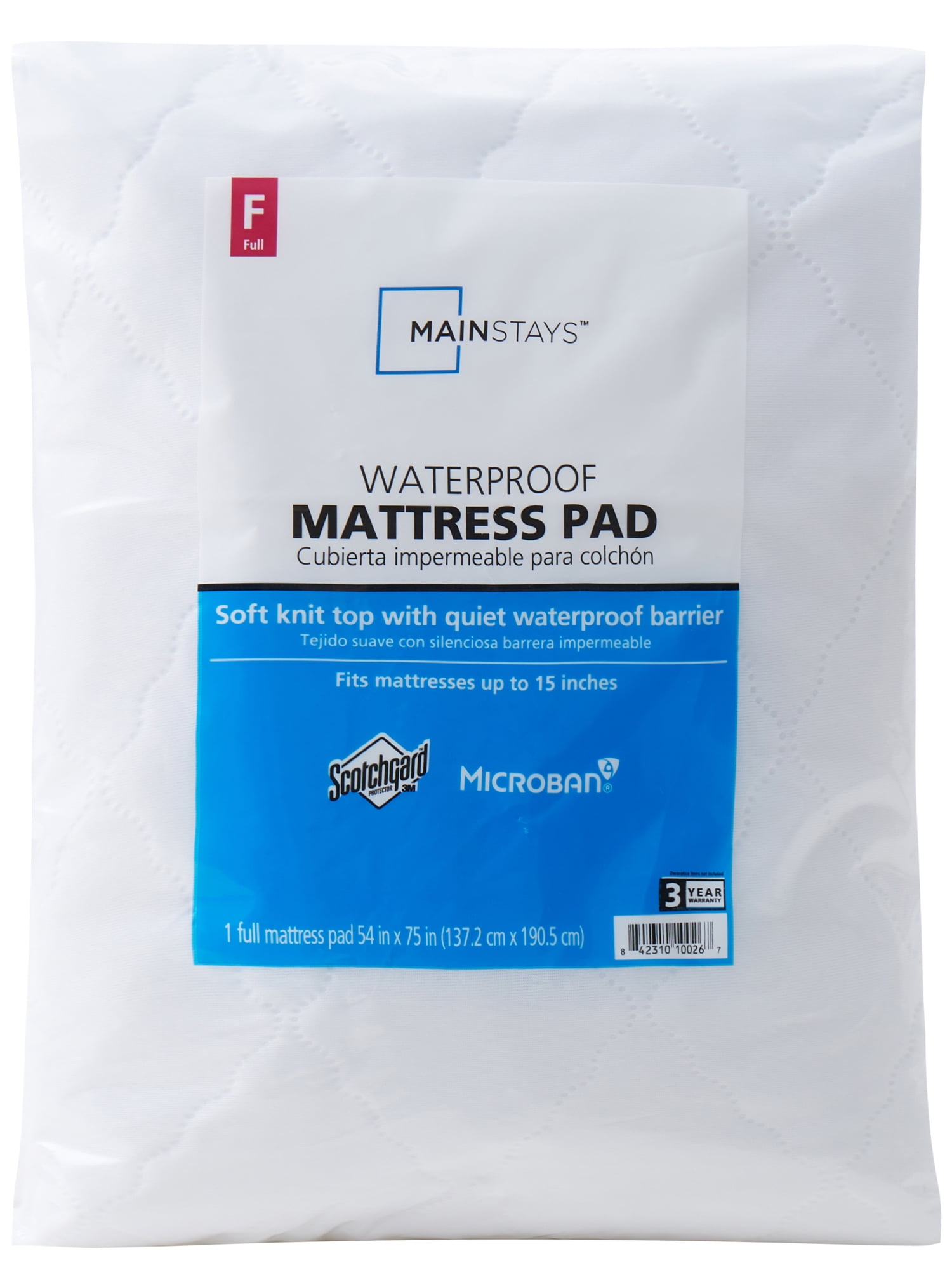 Mainstays Waterproof Mattress Pad, Full 54 in x 75 in
