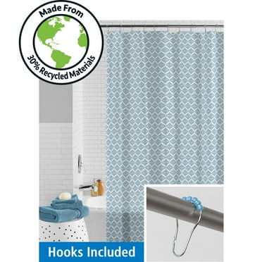 Mainstays Waterproof Medallion Blue 30% Recycled PEVA Shower Curtain Set with Hooks, 13-Piece, Blue