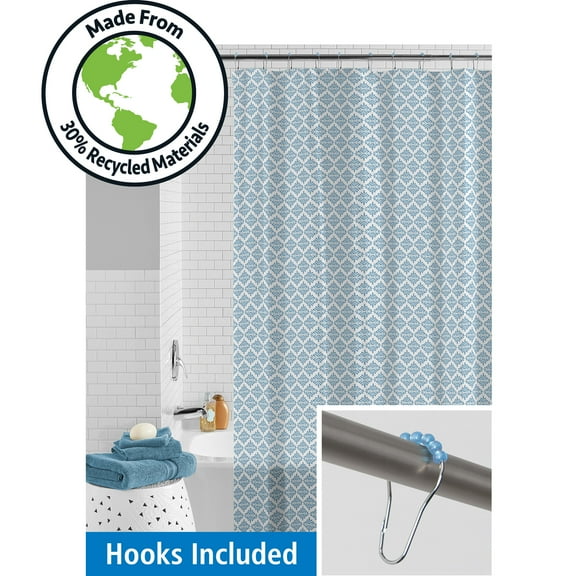 Mainstays Waterproof Medallion Blue 30% Recycled PEVA Shower Curtain Set with Hooks, 13-Piece, Blue