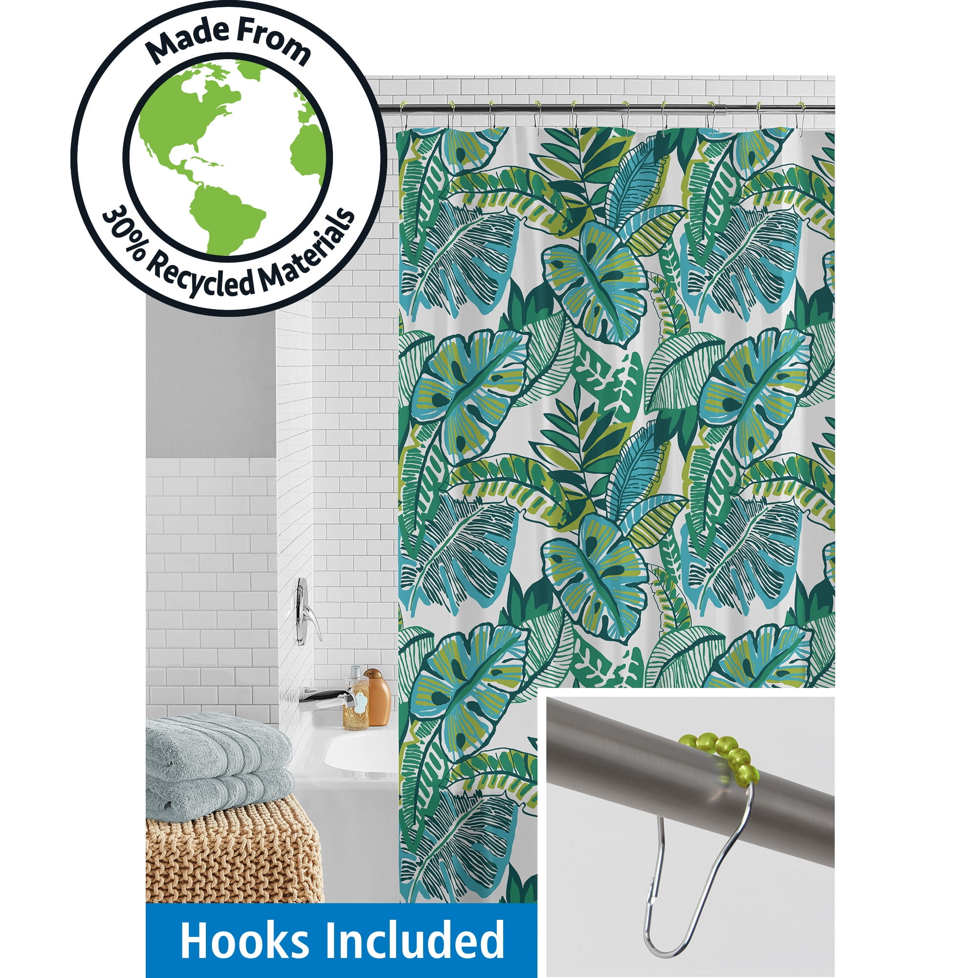 Mainstays Waterproof 30% Recycled PEVA Tropical Palms Shower Curtain Set & Hooks, 13-Piece Green