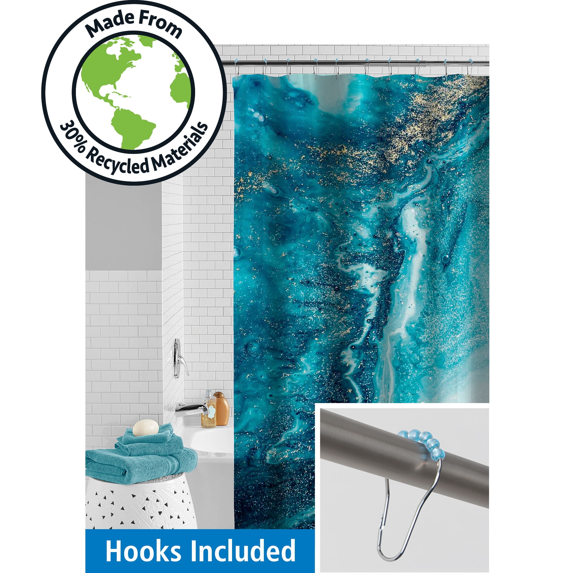 Mainstays Waterproof Watercolor Marble 30% Recycled PEVA Shower Curtain ...