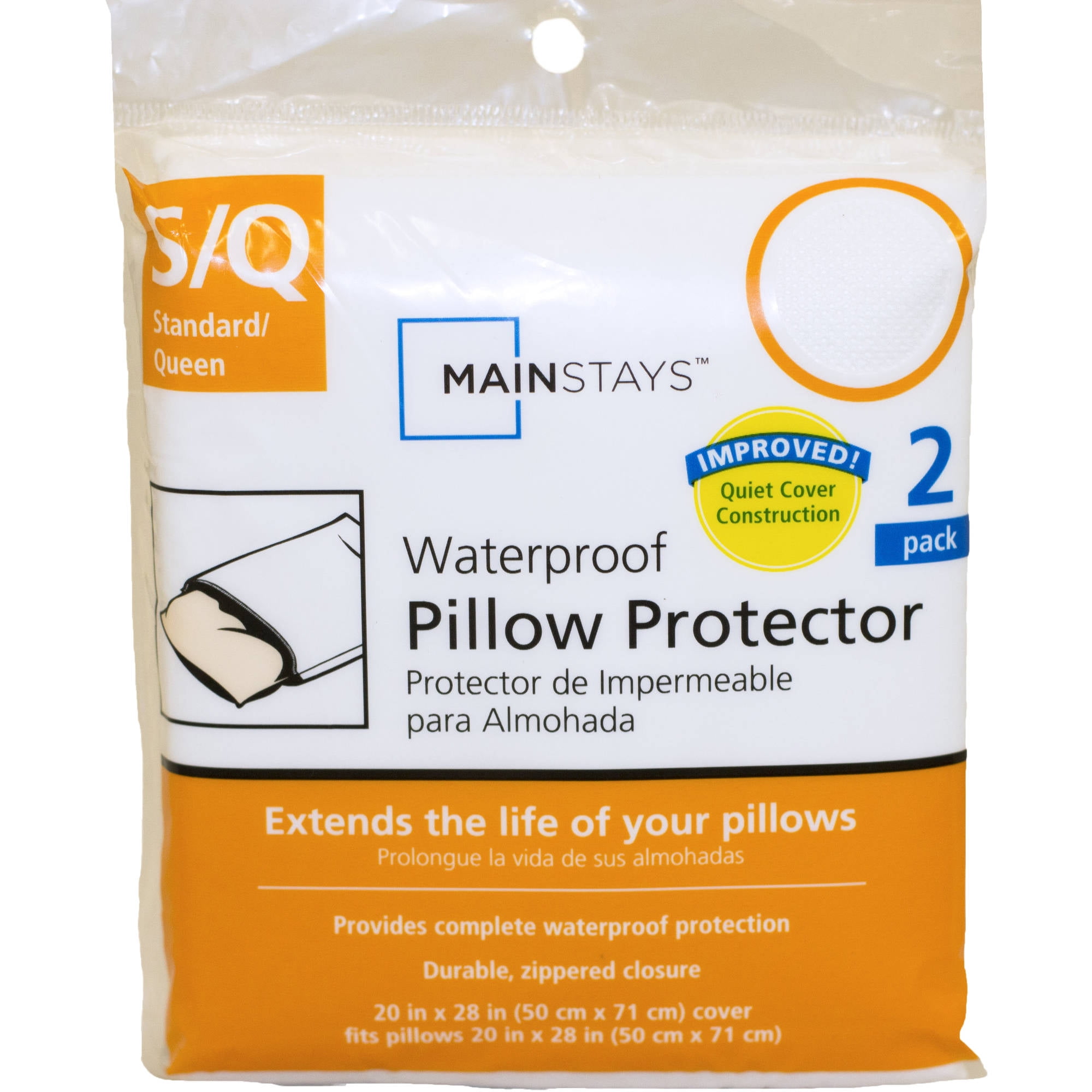 Mainstays Waterproof Zippered Pillowcase Protector, Adult, Standard/Queen, 2 Count