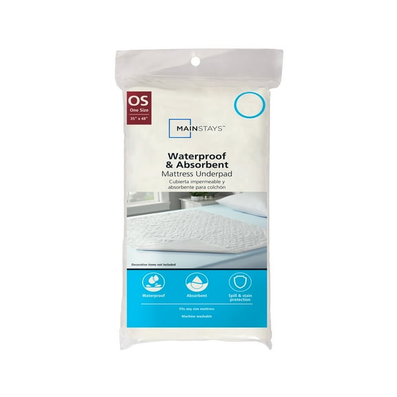 Mainstays Absorbent  Mattress Underpad, One Size, White- Waterproof, Soft Top