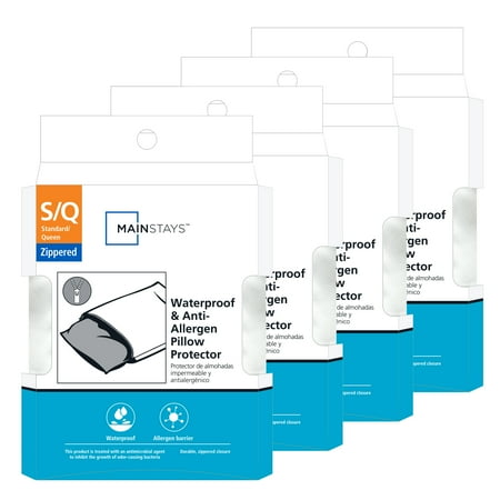 Mainstays Waterproof and Anti-Allergen Pillow Protector, Standard/Queen, 4 Pack