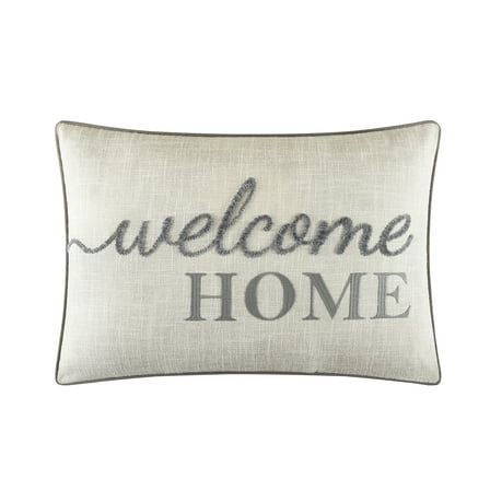 Mainstays Welcome Home Faux Linen Embroidered Decorative Pillow For Adults, Gray, 14 x 20
